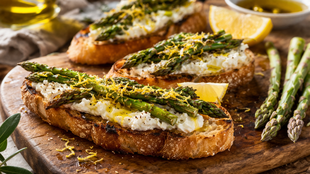 Bruschetta con asparagi al forno, ricotta e scorzetta di limone
