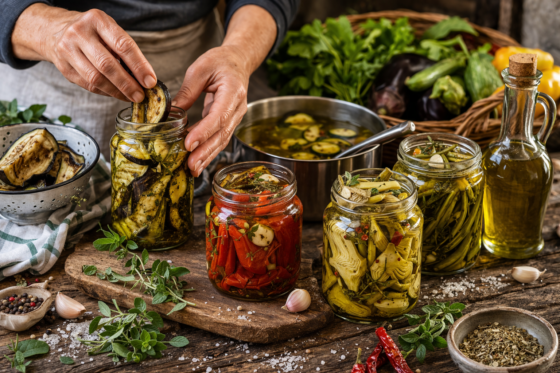 Barattoli di conserve sott'olio su superficie di legno rustica