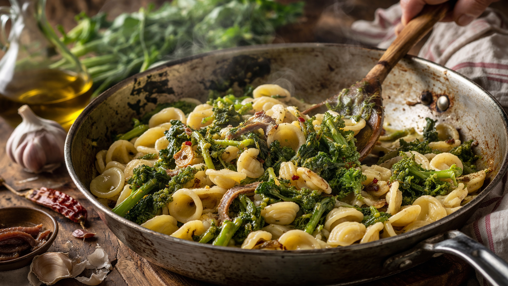 Piatto di orecchiette con cime di rapa verde brillante, giro d'olio a crudo