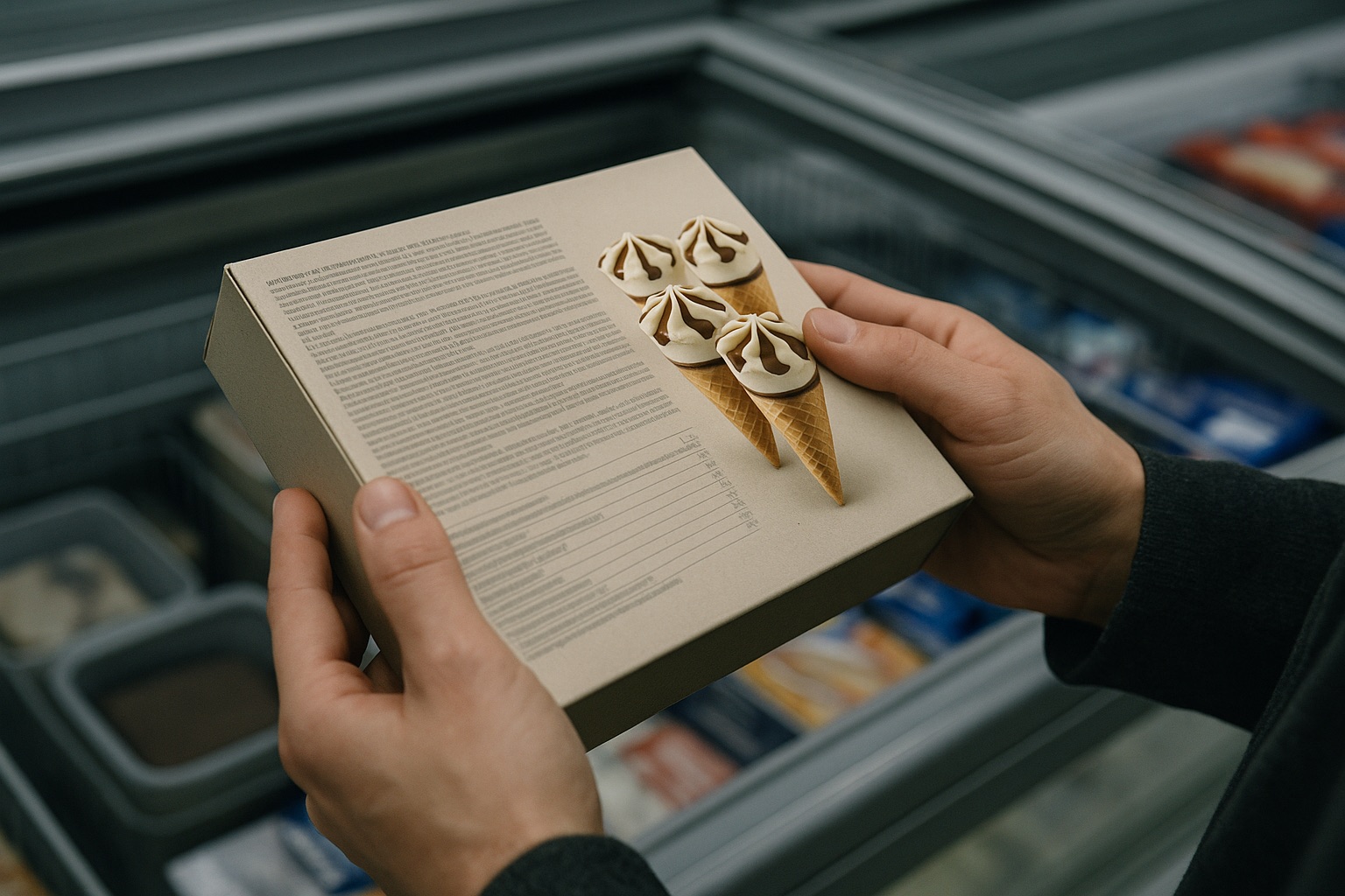 Mani che girano una confezione di coni gelato per leggere il retro, davanti al banco frigo di un supermercato