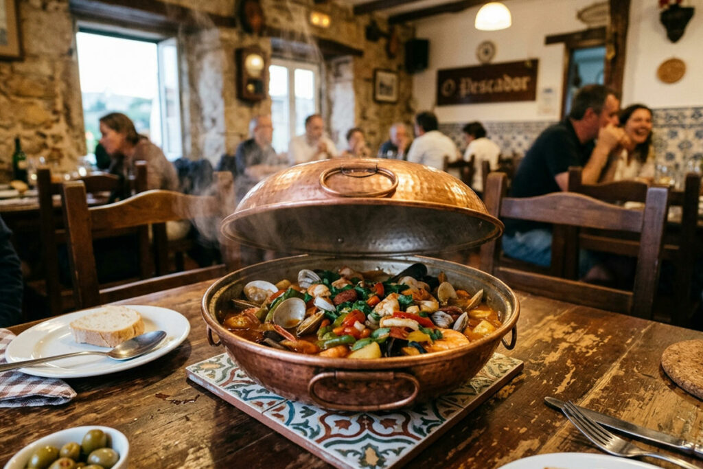 Una cataplana di rame aperta su un tavolo di legno: dentro cozze, gamberi, vongole e verdure fumanti, in una taverna portoghese