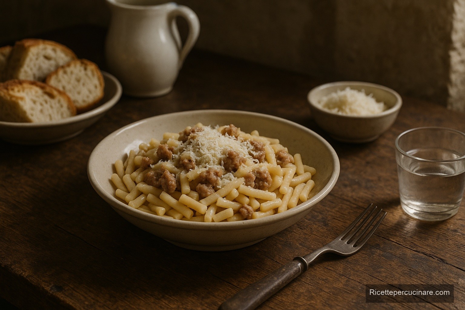 Bucatini alla contadina con ricotta e salsiccia sbriciolata, immagine di esempio generata con IA