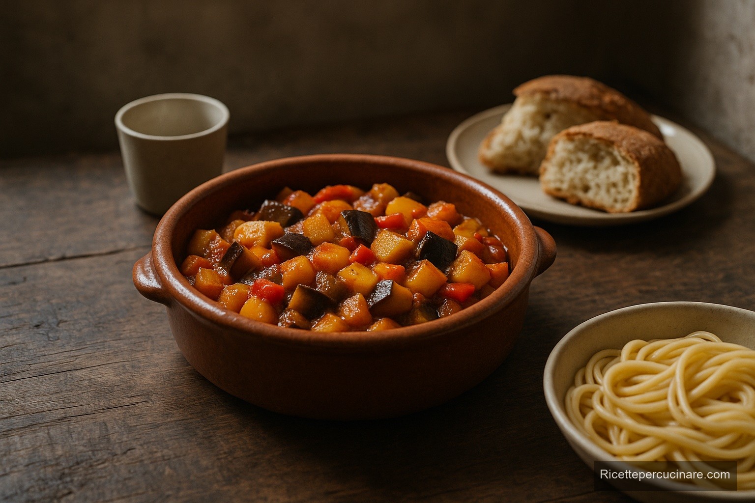 Caponata con melanzane, patate e peperoni, immagine di esempio generata con IA