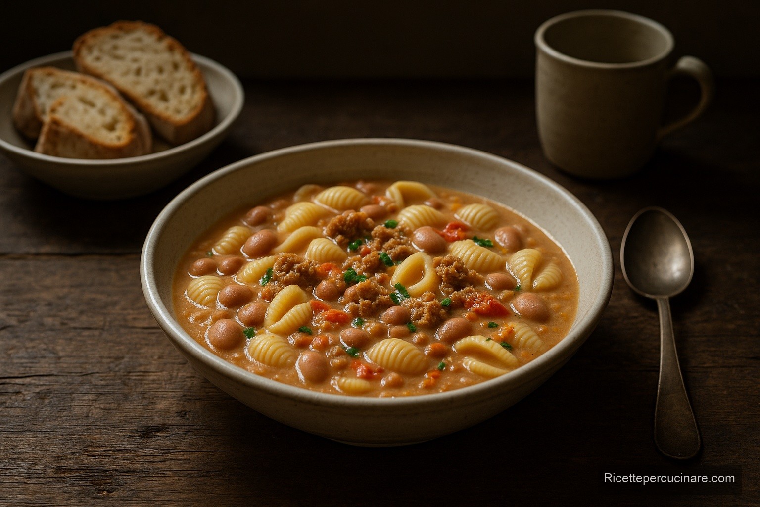 Conchiglie con fagioli e salsiccia, immagine di esempio generata con IA