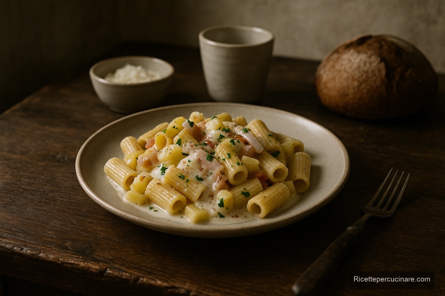 Rigatoni alla pecoraia con patate e lardo, immagine di esempio generata con IA