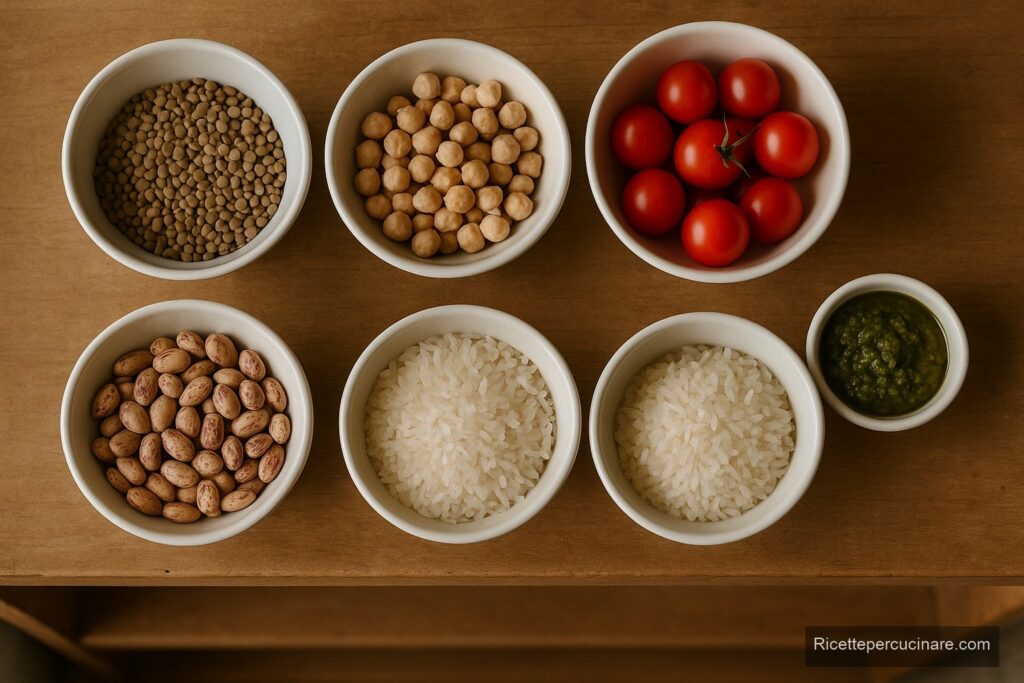 Ciotole di lenticchie, ceci, fagioli borlotti, riso, pomodorini e pesto su una mensola di dispensa - Ricettepercucinare.com