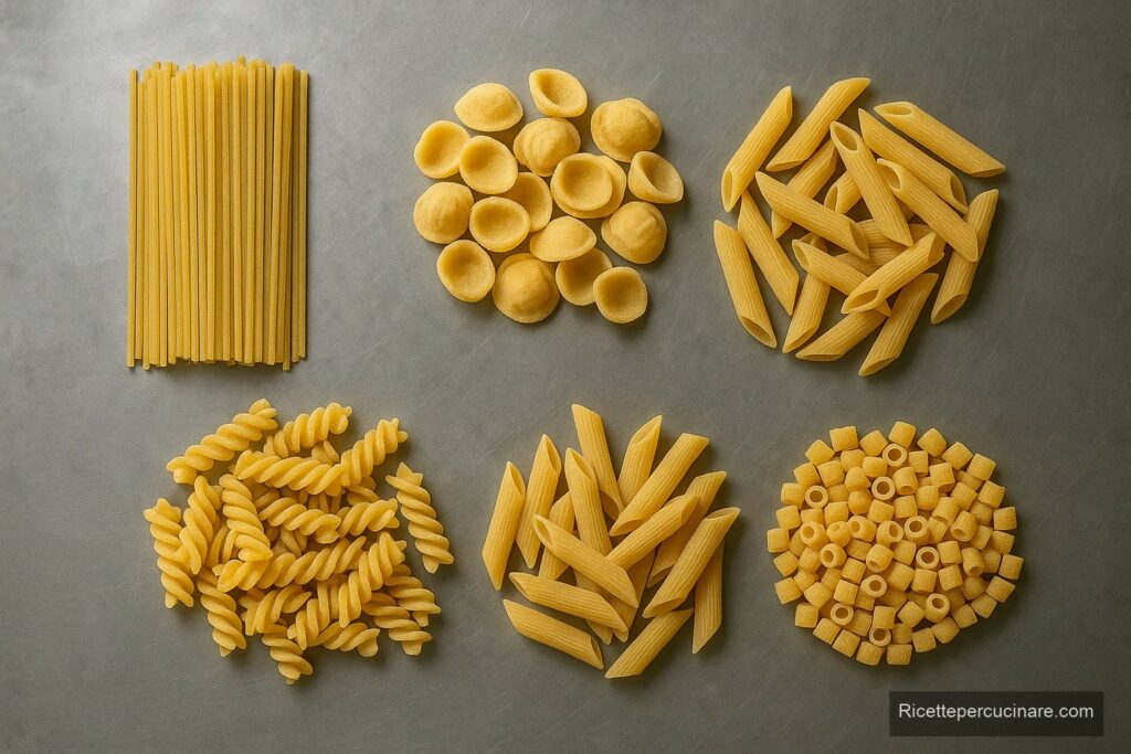 Sei formati di pasta secca di grano duro: spaghetti, orecchiette, penne, fusilli, mezze penne e ditalini - Ricettepercucinare.com