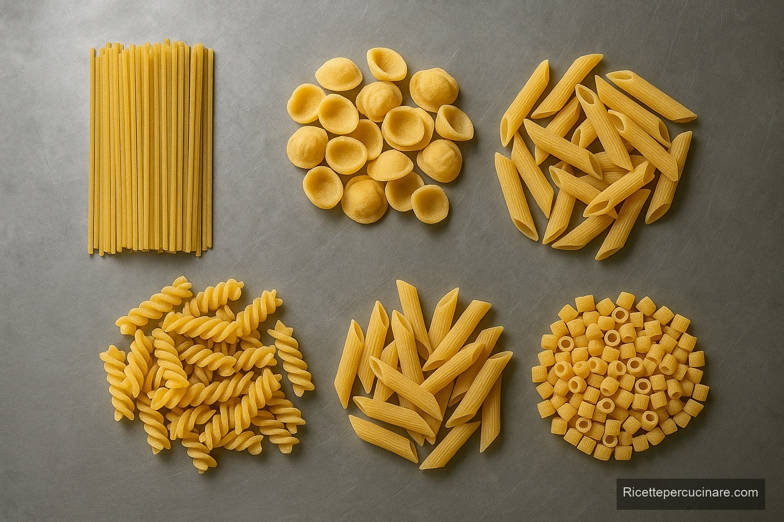 Sei formati di pasta secca di grano duro: spaghetti, orecchiette, penne, fusilli, mezze penne e ditalini - Ricettepercucinare.com