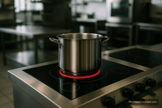 Pentola in acciaio su un piano cottura a induzione professionale in una cucina di ristorante