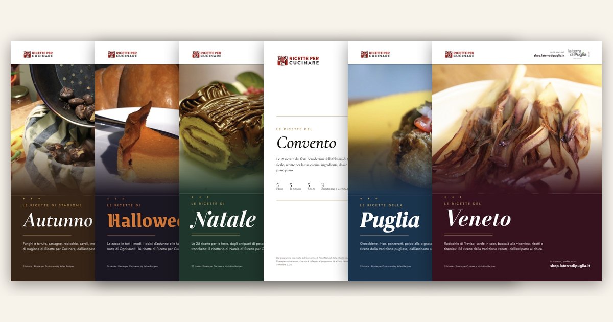 Le copertine dei ricettari gratuiti di Ricettepercucinare: autunno, Halloween, Natale, Convento, Puglia e Veneto