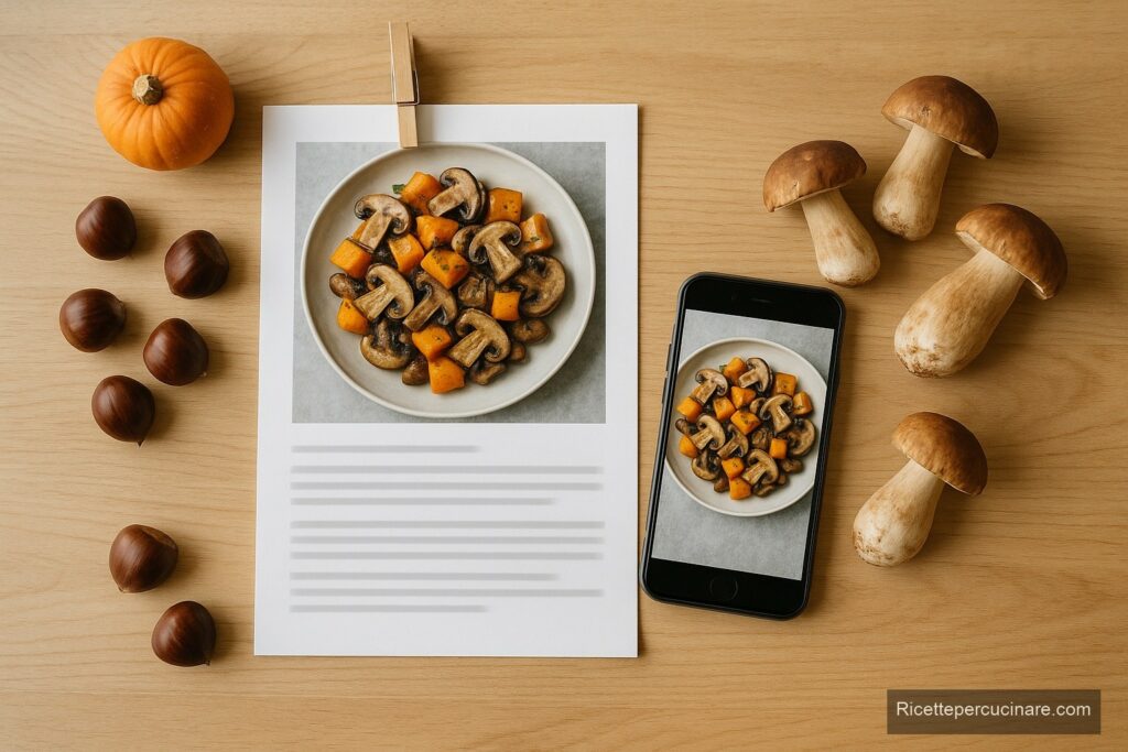 Una pagina di ricettario stampata e lo stesso piatto sul telefono, fra zucca, castagne e porcini - Ricettepercucinare.com