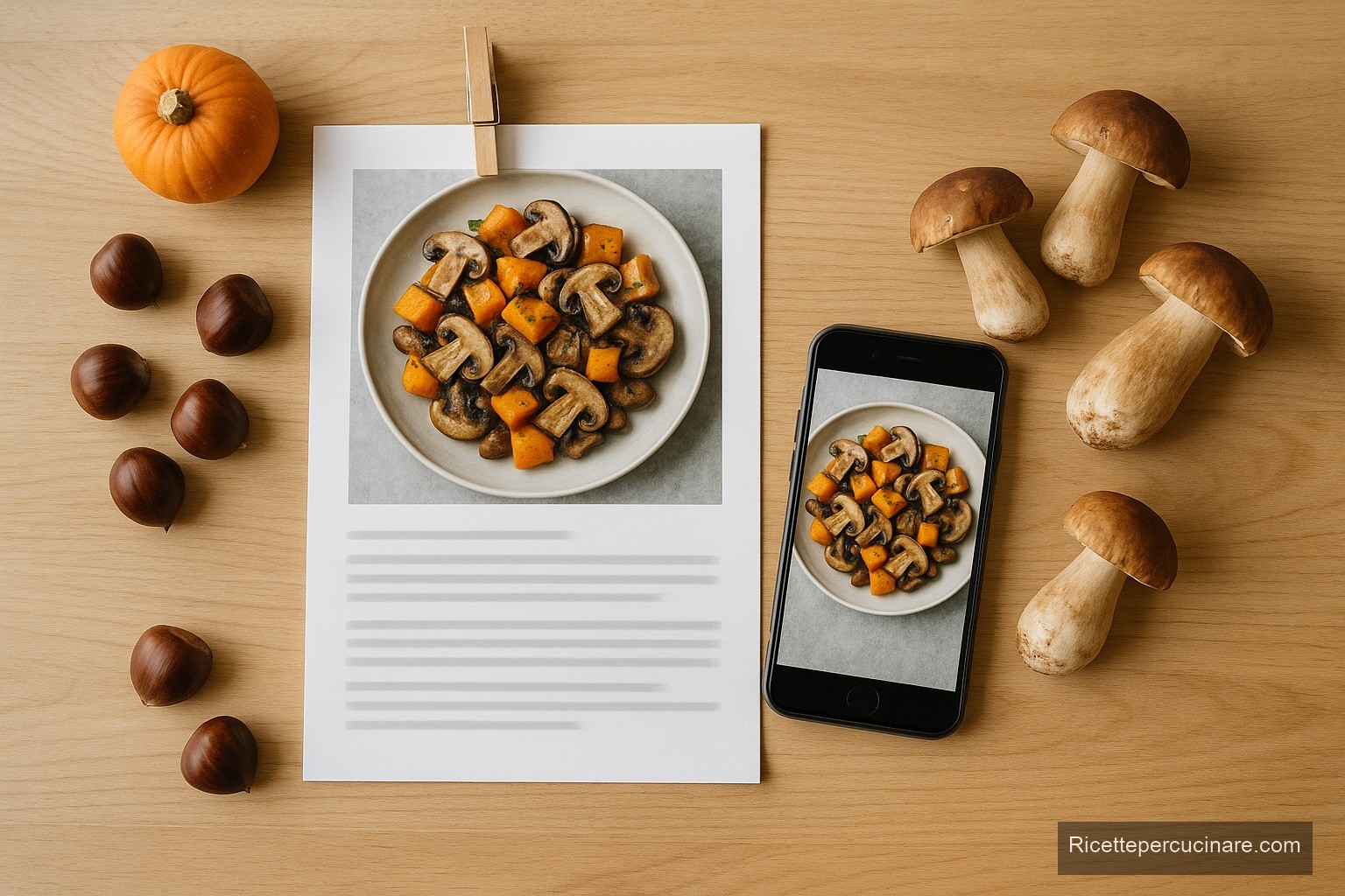 Una pagina di ricettario stampata e lo stesso piatto sul telefono, fra zucca, castagne e porcini - Ricettepercucinare.com