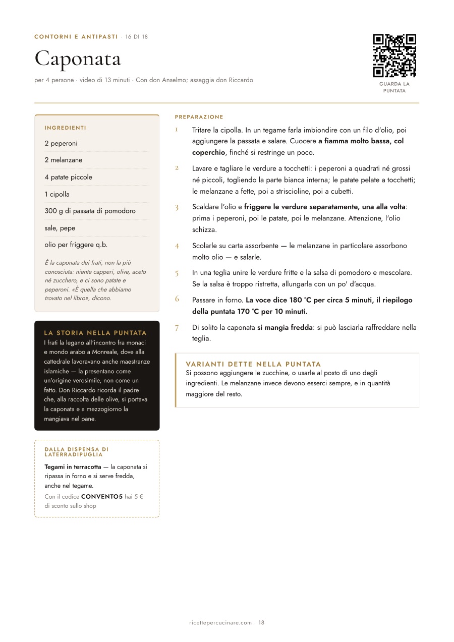 Una pagina del PDF Le ricette del Convento: la caponata, con ingredienti e preparazione