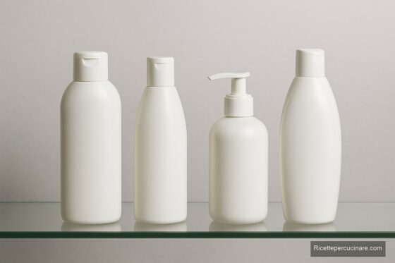 Flaconi di shampoo, bagnoschiuma e sapone liquido senza etichette su un ripiano di vetro - Ricettepercucinare.com