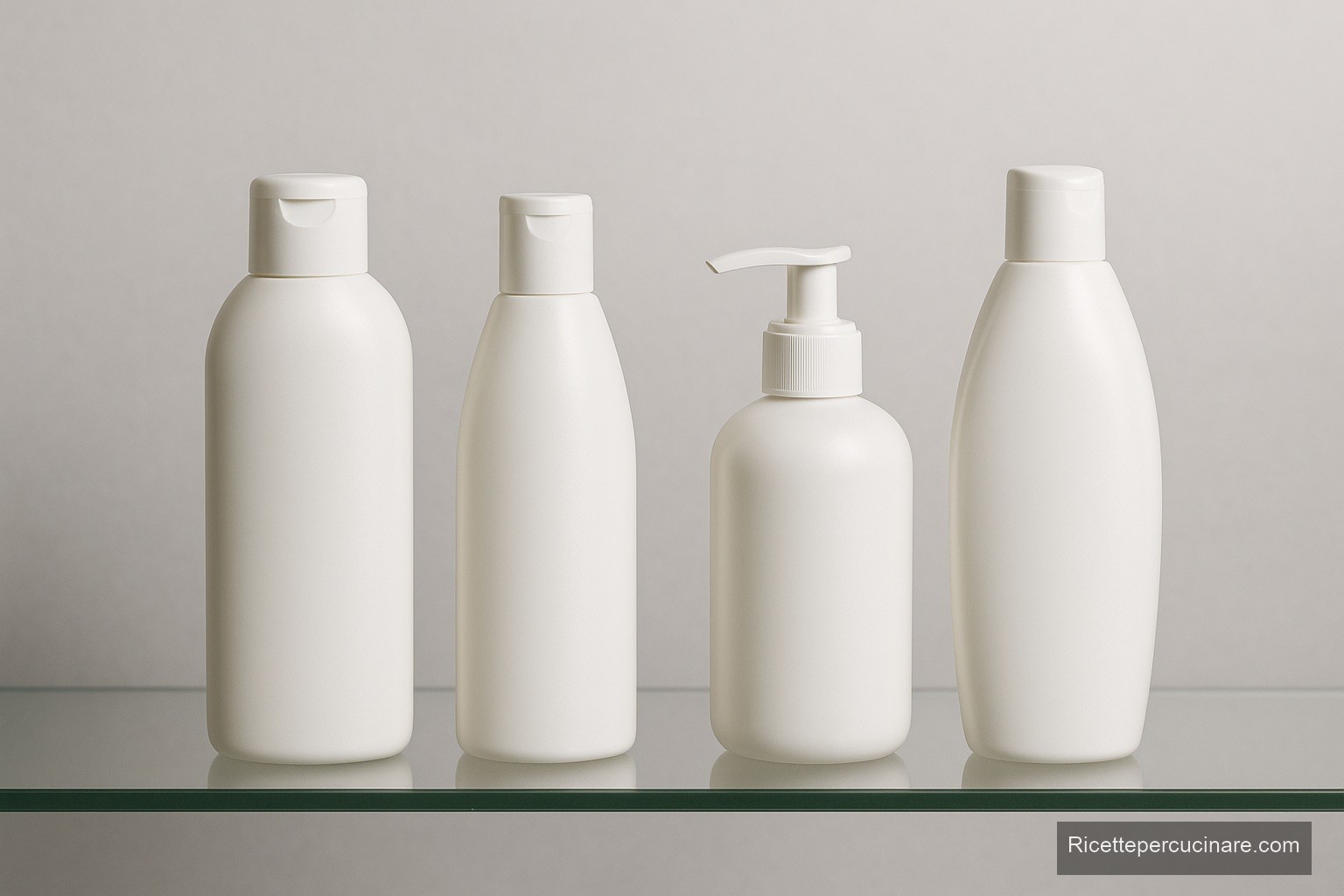 Flaconi di shampoo, bagnoschiuma e sapone liquido senza etichette su un ripiano di vetro - Ricettepercucinare.com